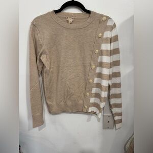 Hem & Thread Beige and White Button-Trim Striped Sleeve Crewneck Sweater